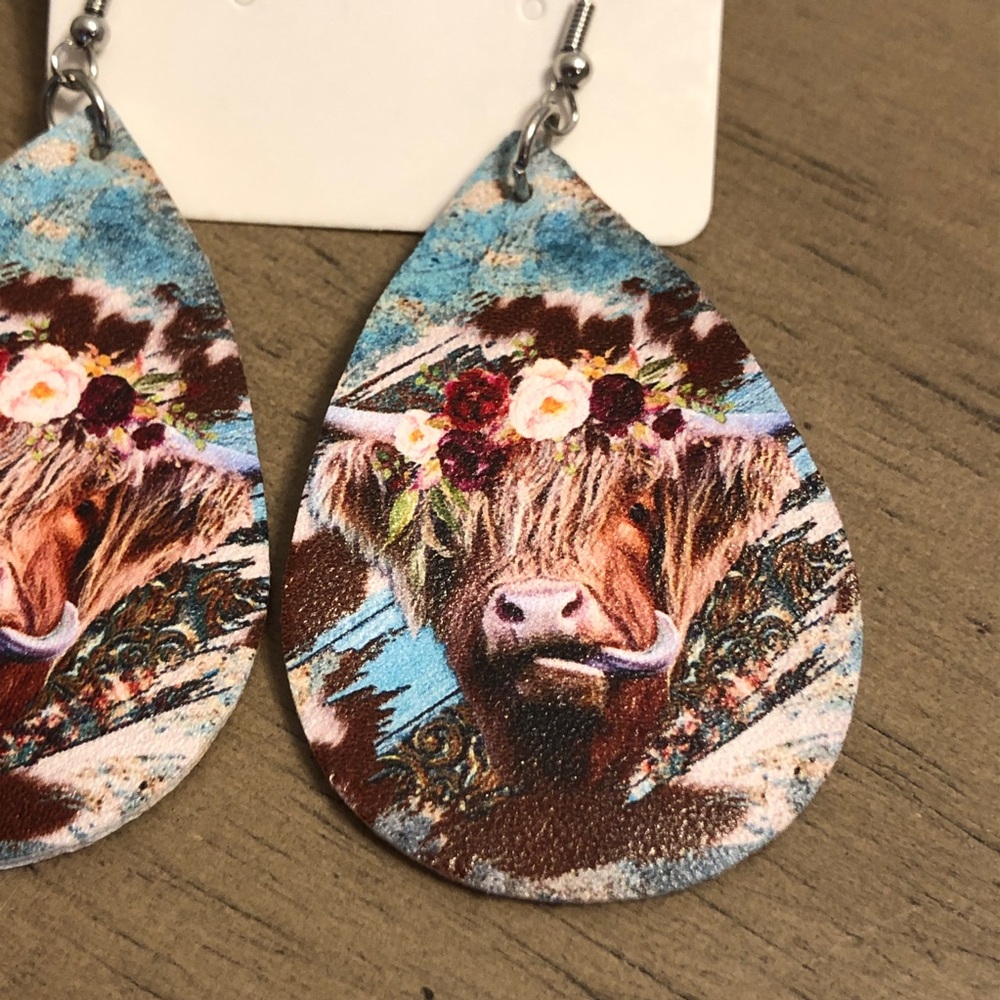 Floral Cow Print Bohemian Teardrop Fashion Jewelry Earrings - Picture 3 of 10